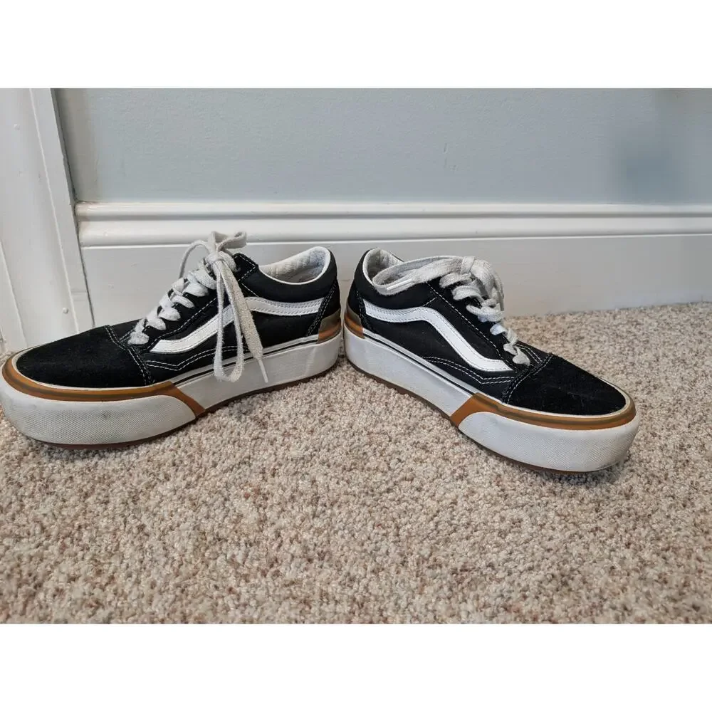 Vans Old Skool Stacked Black White Gum Sole Platform Shoes Mens 5.5 Womens 7